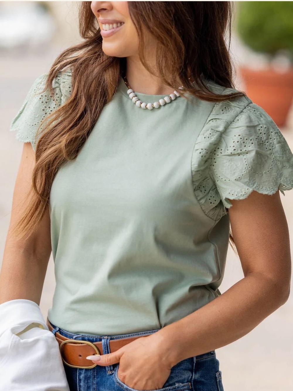 Sage Green Eyelet Sleeve Tee